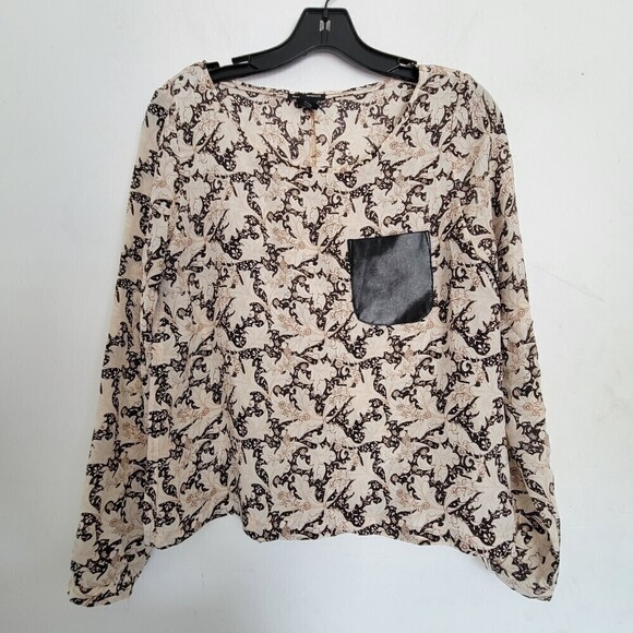 Club Monaco 100% Silk 100% Leather Pocket Long Sleeve Floral Tan Blouse Size XS - Picture 1 of 11